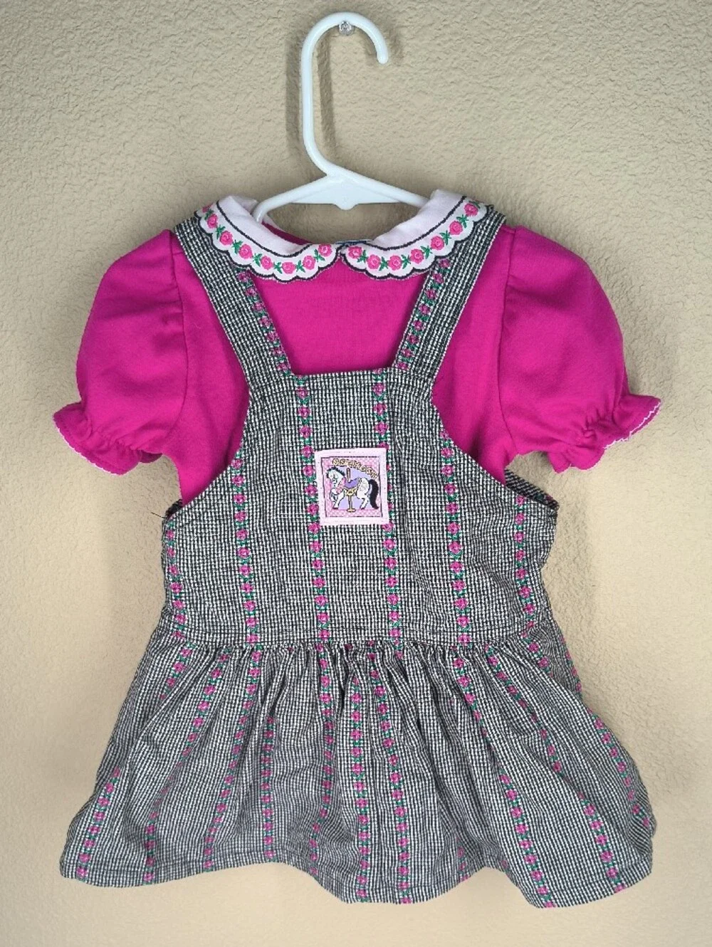Vintage OshKosh B'gosh Pink Patterned Pinafore Dress And Top Made In USA 24 Mos